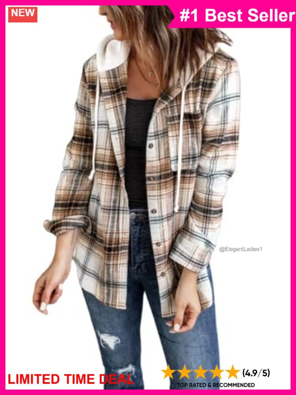Womens Plaid Flannel Hoodie Shacket Button Down Shirt Loose Fit